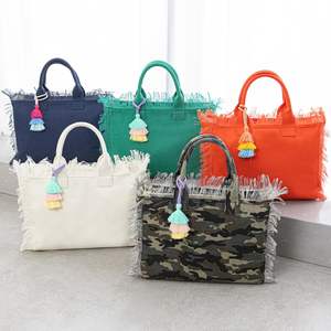Women's Canvas Tote <b>Bag</b> With <b>Tassels</b> Fringe Top Handle Zipper Closure For Work Travel Beach Gym - Product Image 1