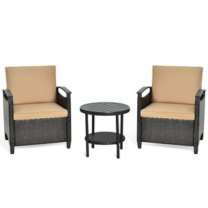 3 Pieces Patio Rattan <b>Furniture</b> Set <b>Cushioned</b> Sofa <b>Storage</b> Table with Shelf <b>Garden</b> - Product Image 4