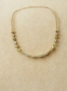 Yellow Sophisticated Layered Fine Jewelry for Women Gold <b>Beaded</b> Necklace with Multi Strand Chain and Pastel Gemstone Accents - Product Image 2