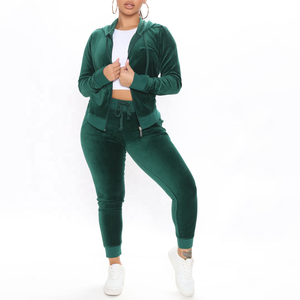Heavyweight 3D Embroidery <b>Women</b> Green <b>Velvet</b> Hooded Zip Up Long Sleeve Sweatshirt <b>Jogger</b> Pants 2 Piece <b>Women</b> Velour Tracksuit - Product Image 1