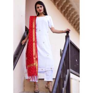 ชุดคุรติผ้าฝ้ายสีขาวสวยงามสำหรับผู้หญิง / ชุดคุรติอินเดียแขนสั้นพร้อมผ้าคลุมไหล่ กางเกงขายาวทรงตรง - Product Image 5