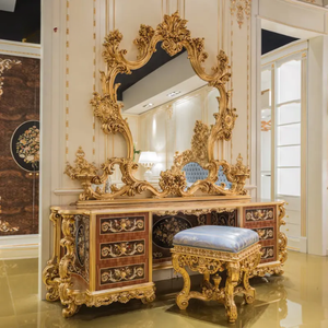 Luxury Classic Solid Mahogany Dressing <b>Table</b> with <b>Mirror</b> Hand Carved Gold Inlay <b>Vanity</b> Set Royal Style for Hotel Villa Bedroom - Product Image 1