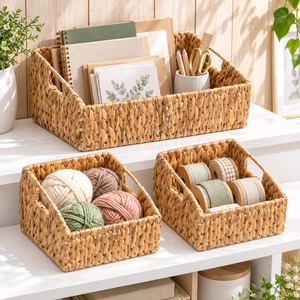 Panier de rangement rectangulaire personnalisable en jacinthe d'eau, écologique et rustique, avec 3 poignées découpées pour l'organisation des étagères - Vente en gros - Product Image 6