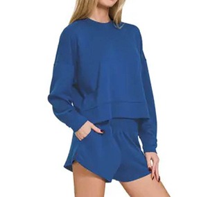 Custom Winter Casual 2 Piece Women <b>Sweatshirt</b> and Short Set Spandex/Polyester Fleece Ribbed Eco-Friendly Quick Dry Breathable - Product Image 3