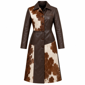 Abrigo Largo de Cuero Marrón con Parches de Piel de Vaca para Mujer, Chaqueta con Botones, Proveedor Personalizado OEM ODM - Product Image 1