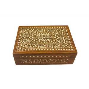 Boîte à bijoux en bois marocaine incrustée, rectangulaire, avec couvercle à charnières, sculptée à la main, pour rangement - Product Image 1