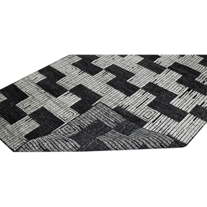 Tapis d'intérieur en laine tissé à la main noir et crème, motif géométrique, style kilim, à poils ras, motif architectural côtelé moderne - Product Image 1