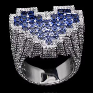 Bague unisexe géométrique en saphir bleu et moissanite diamantée, bijou statement - Product Image 4