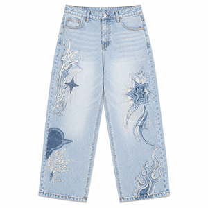 Women's <b>Embroidered</b> Breathable Wide Leg <b>Jeans</b> Mid Waist Loose Fit 100% Cotton Denim Vintage Simple Casual XL OEM ODM - Product Image 3