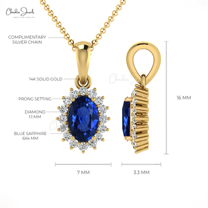 Pendentif en saphir bleu naturel ovale 6x4mm, or jaune 14 carats, diamant, bijoux fins, vente en gros - Product Image 2