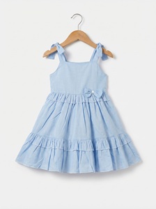 Robe trapèze sans manches en coton bleu clair pour filles avec nœud décoratif, décontractée d'été, à fines bretelles, col carré, longueur genou - Product Image 4