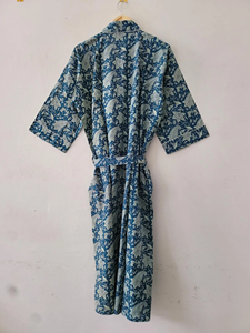Flock Printed Indigo Knitted Cotton Kimono Robe Artisanal Floral Jaipuri Print Casual Loungewear Breathable Summer <b>Dressing</b> <b>Gown</b> - Product Image 2