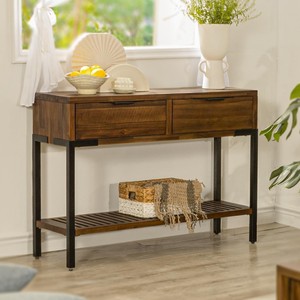 Solid Wood Console Table with Drawers & Shelves | Industrial Metal Frame Wholesale - Product Image 2