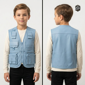 OEM Service <b>Light</b> Blue Leather Uniform Utility Vest Sleeveless Multiple Pockets V-<b>Neck</b> Cargo Pocket Style Unisex All Seasons - Product Image 4