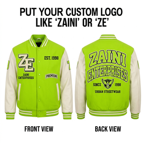 Veste de sport pour homme ZAINI, 380 GSM, coton, polyester, polaire, manches en simili cuir, vert fluo, blanc, logo chenille personnalisé, coupe-vent - Product Image 1