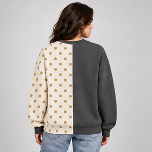 Women's Charcoal and Ivory Split Color Polka Dot Varsity <b>Crewneck</b> Sweatshirt Long Sleeve Ribbed Cuffs Pullover Wholesale - Product Image 3