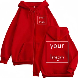Men's Red Hooded Zip-Up Sweatshirt Oversized Casual Fleece Cotton Solid Color Front Logo Print Autumn Wear 2027 - Product Image 1