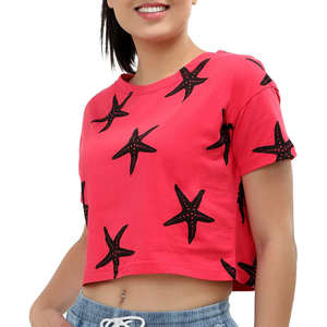 Camiseta corta con estampado de estrella de mar rosa para mujer, camiseta informal de manga corta para verano - Product Image 2