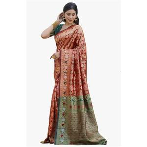 Sari de Seda Banarasi Indio Color Marrón para Mujer, Ideal para Bodas y Recepciones, Disponible a Precio de Mayoreo Directo - Product Image 1