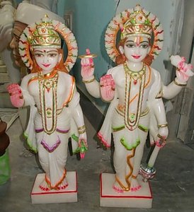 Pure Makrana White Marble Colorful Hand <b>Painted</b> Laxmi Mata Ji And Ganesh Ji Sitting Statue For Home Decoration And Worship - Product Image 3