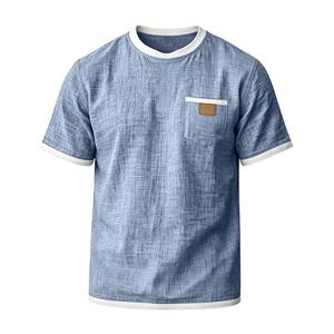 Camiseta de Verano para Hombre, Estampada, de Algodón y Lino, Manga Corta, Cuello Redondo, Ligera, Transpirable, con Ribete en Contraste y Bolsillo en el Pecho - Product Image 1
