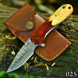 Cuchillo de bolsillo hecho a mano de acero de Damasco de grado industrial con hoja recta y punta caída, mango de resina de madera, funda de cuero, ODM para caza - Product Image 5