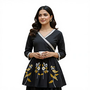 Conjunto de Pantalón y Kurta Sharara Pakistaní Indio, Étnico, Festivo, Elegante, Liso, Negro, para Mujer - Product Image 1