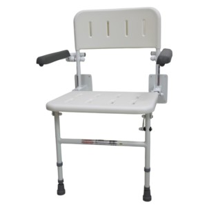 Asiento de ducha plegable para montar en la pared con brazos, respaldo y asiento plegables, altura ajustable para personas mayores y discapacitadas - Product Image 1