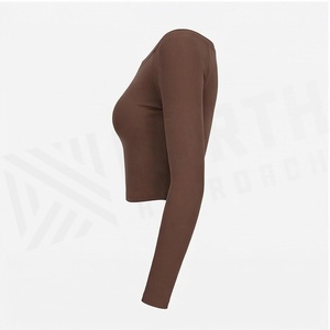 Haut court à manches longues et épaules dénudées, marron uni, sans couture, pour le yoga, vêtements de sport pour femmes - Product Image 3