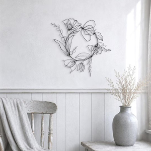 Delicate Gold Wire Floral <b>Wreath</b> Featuring Minimalist Sculpted Blossoms, Elegant, Lightweight Accent Piece For Modern Spaces - Product Image 2