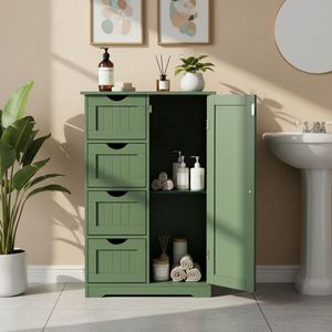 Mobile da Bagno Verde Foresta con 4 Cassetti e 1 Anta in MDF Verniciato e Rivestimento in Melamina 56*30*82.5cm con Strisce Verticali - Product Image 1