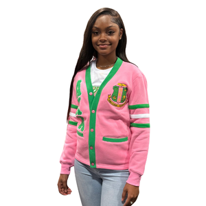 Cárdigan de Forro Polar AKA, Unisex, Color Rosa y Verde, con Botones al Frente, Estilo Universitario Informal Premium, Chaqueta Suéter en Color Rosa y Verde - Product Image 2