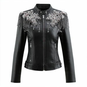 Chaqueta Safari de Cuero Sintético para Mujer Aussie Edge, Cortavientos de Invierno con Bordado Floral y Detalles de Cuentas, Cierre de Cremallera, Cuello Vuelto - Product Image 1