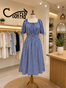 Blue Striped Cotton Midi <b>Dress</b> Puff Sleeves U Neck <b>Elastic</b> Waist A-Line Silhouette Japan Woven Fabric Casual Streetwear Sweet - Product Image 2