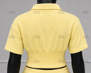 Ensemble décontracté d'été pour femme : crop top polo jaune et short côtelé avec logo brodé - Product Image 4