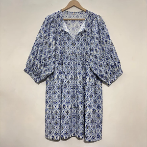 Vestido Casual Midi de Algodón Tejido con Estampado Floral para Mujer, Mangas Abullonadas, Cintura Imperio, Estilo Babydoll, Cuello en V, Corte Holgado - Product Image 1