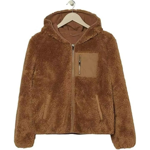 Fasmic International – Veste d'hiver décontractée pour femme, marron, en fausse fourrure sherpa, avec capuche, fermeture éclair, manches longues et poche avant - Product Image 1