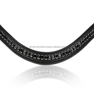 Diadema de Cuero Acolchada para Caballo con Cristales Negros de Lujo, Diamantes de Imitación, Diseño Ondulado Elegante y Botones de Acero Inoxidable - Product Image 1