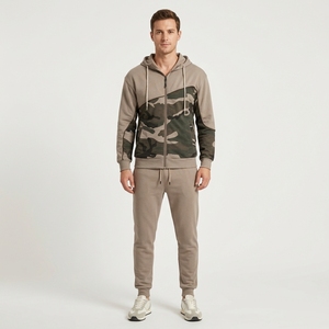 Modern Men's Taupe <b>Tracksuit</b> with Dark Green <b>Camouflage</b> Panels and Matching Casual Jogger Trousers - Product Image 1