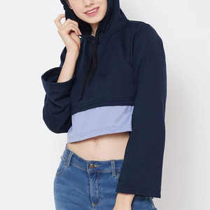 Sudadera con Capucha para Mujer, Diseño Color Block, Manga Larga, Corte Recortado, Tejido de Punto, Estilo Casual Otoñal, Azul con Bolsillos - Product Image 3
