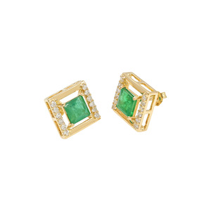 Natural 6x6mm Square Cut <b>Emerald</b> <b>Earrings</b> With 1.5mm White Diamond Halo <b>Stud</b> In 18k Solid Yellow Gold Wedding Wholesale Jewelry - Product Image 1