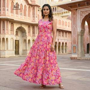 ชุดเดรสยาวผ้าฝ้ายแขนกุดแต่งระบายสำหรับผู้หญิงรุ่นล่าสุด เหมาะสำหรับใส่ลำลองและใส่ทุกวัน สไตล์ชุดอานาร์กาลี คุรติส ราคาประหยัด - Product Image 1