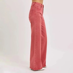 Jean en denim rose taille haute à jambe large, en coton, couleur unie, coupe droite, délavage clair, respirant, imperméable, style automne - Product Image 3