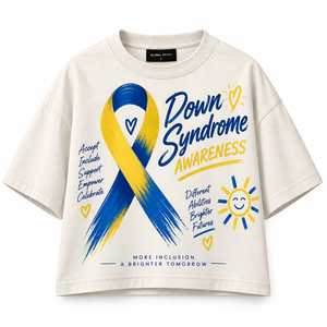 Camiseta de concienciación sobre el síndrome de Down para mujer, corte holgado, cuello redondo, manga corta, 100% algodón, jersey informal con estampado de lazo azul y amarillo - Product Image 1