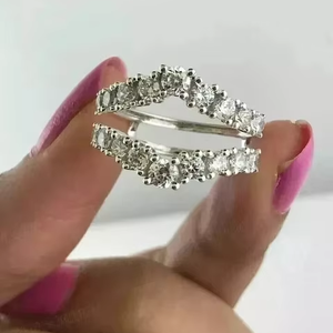 Double Row Round Cut Moissanite <b>Ring</b> 925 Sterling <b>Silver</b> <b>Adjustable</b> Open Band Wedding Engagement <b>Ring</b> for Women - Product Image 1