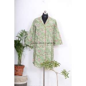 Bata de baño térmica india hecha a mano, ligera, para invierno, estilo boho, floral, de algodón, tipo kimono, con estampado de pájaros, tela tejida, camisa larga con cinturón. - Product Image 3