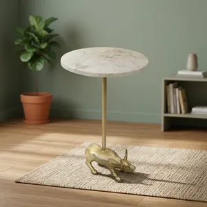 Modern Round <b>Marble</b> <b>Top</b> <b>Side</b> <b>Table</b> with Decorative Bull Metal Base Luxury Accent Furniture for Living Room Bedroom Decor - Product Image 5