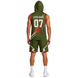 Men's Olive Green Geometric Print Hooded Sleeveless Tank Top Set Quick Dry Casual Streetwear Shorts Matching Outfit - Product Image 2