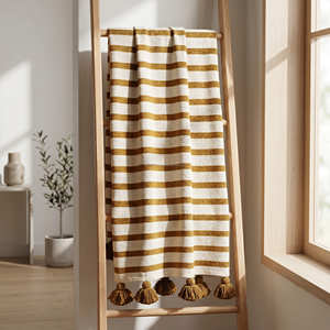Premium <b>Navy</b> Blue Woven Sofa Throw Horizontal Striped Cotton Blanket Coastal Living Room Styling - Product Image 4