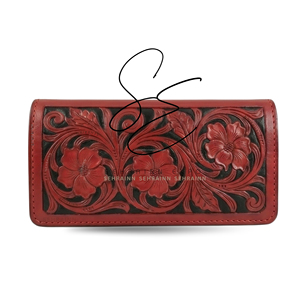 Cartera larga de cuero tallado vintage con estampado floral, estilo occidental, con múltiples ranuras para tarjetas y efectivo, para mujer, color rojo. - Product Image 1